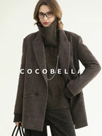 COCOBELLA Thick Wool Double Breasted Notch Lapel Loose Fit Women Wool Overcoats Jackets