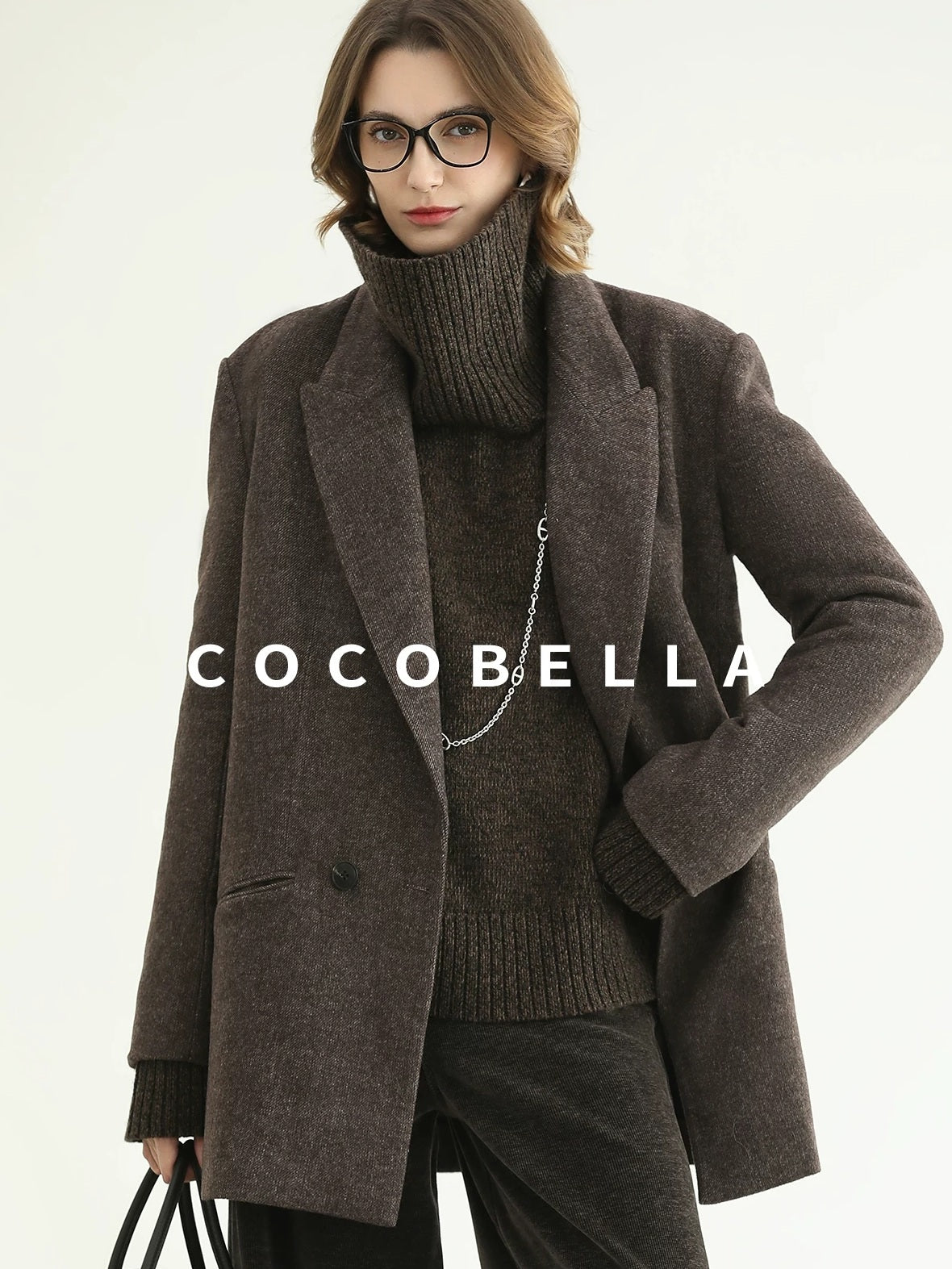 COCOBELLA Thick Wool Double Breasted Notch Lapel Loose Fit Women Wool Overcoats Jackets