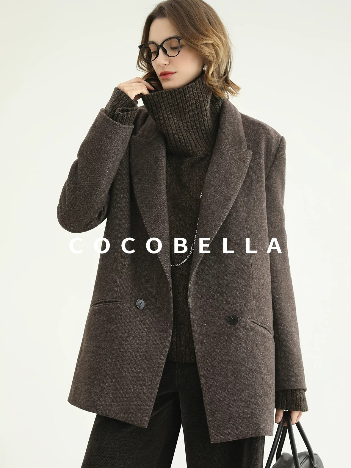 COCOBELLA Thick Wool Double Breasted Notch Lapel Loose Fit Women Wool Overcoats Jackets