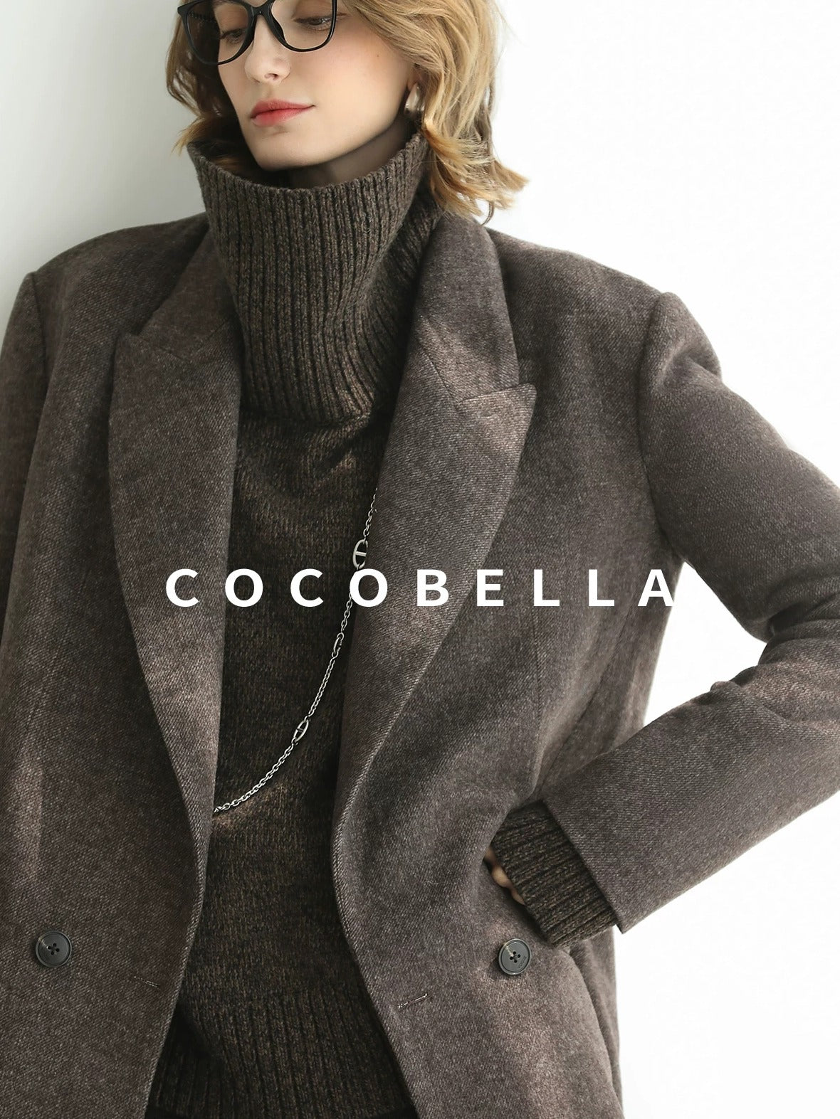 COCOBELLA Thick Wool Double Breasted Notch Lapel Loose Fit Women Wool Overcoats Jackets