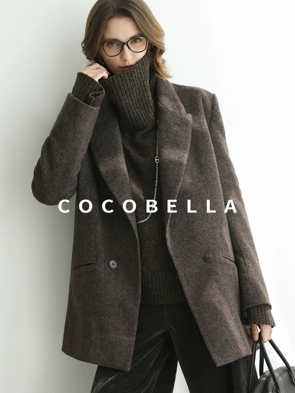 COCOBELLA Thick Wool Double Breasted Notch Lapel Loose Fit Women Wool Overcoats Jackets