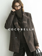 COCOBELLA Thick Wool Double Breasted Notch Lapel Loose Fit Women Wool Overcoats Jackets
