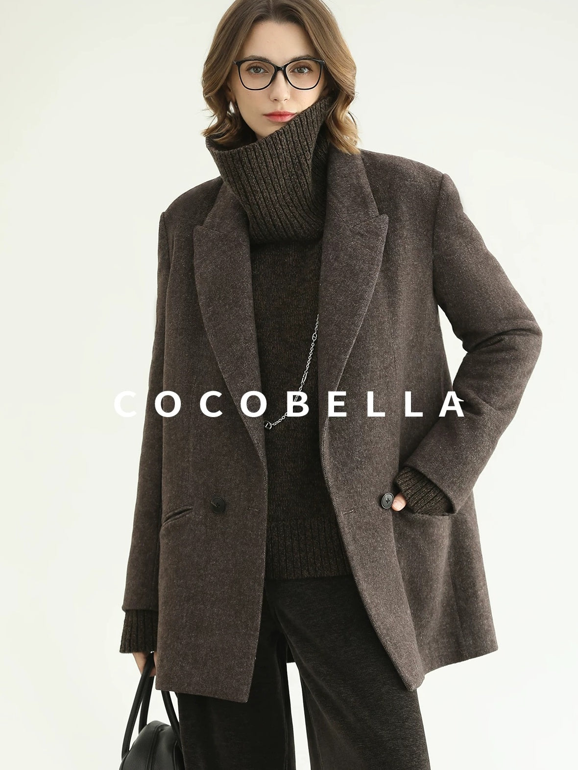 COCOBELLA Thick Wool Double Breasted Notch Lapel Loose Fit Women Wool Overcoats Jackets