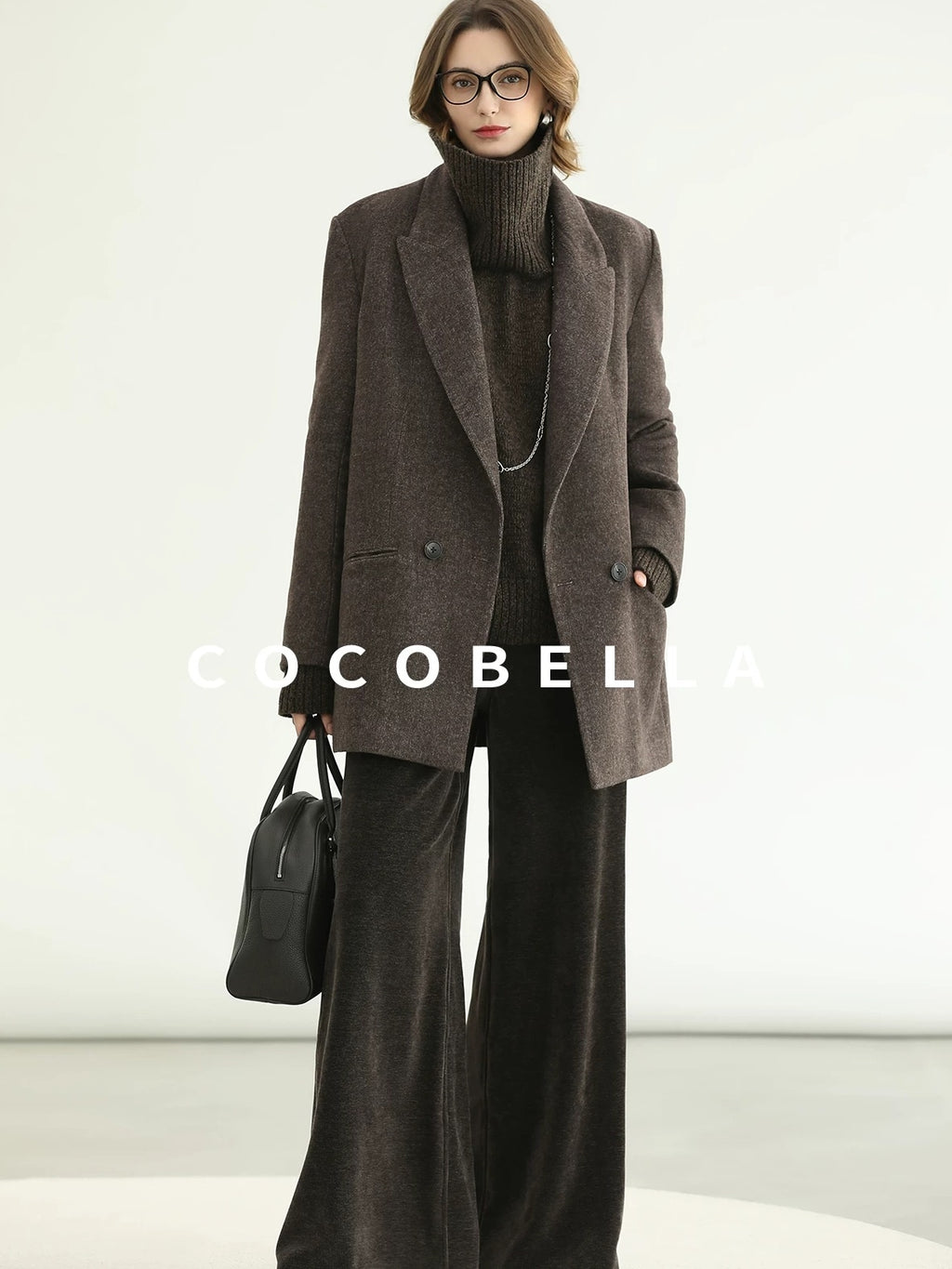 COCOBELLA Thick Wool Double Breasted Notch Lapel Loose Fit Women Wool Overcoats Jackets