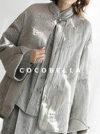 COCOBELLA Thickened Embroidered Short Stand Collar Frog Button Office Padded Jackets