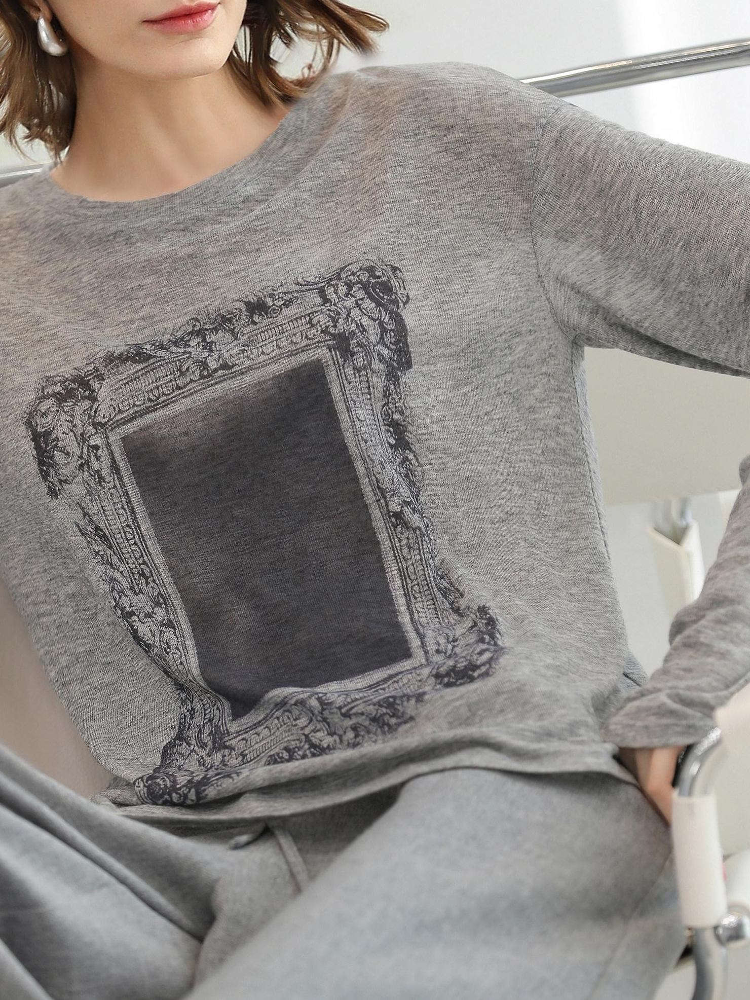 COCOBELLA Thin Creative Print Office Straight Fit Round Neck Gray Long Sleeve Shirts