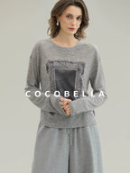 COCOBELLA Thin Creative Print Office Straight Fit Round Neck Gray Long Sleeve Shirts