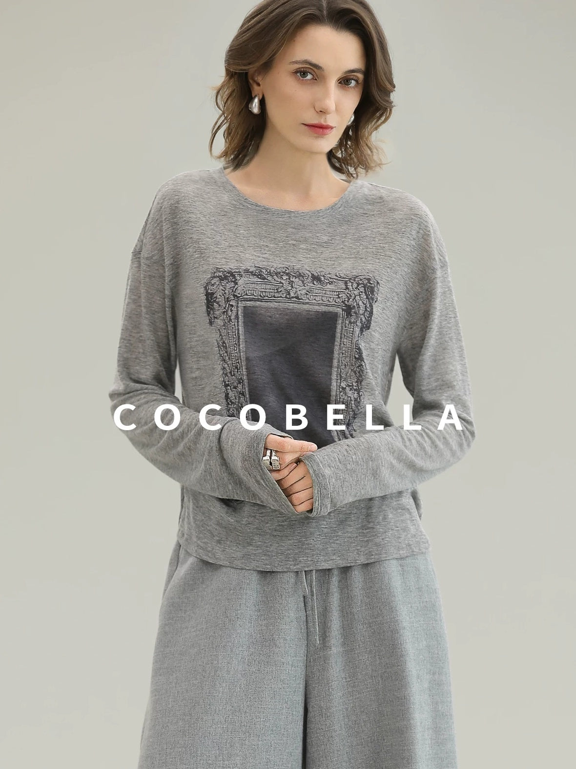 COCOBELLA Thin Creative Print Office Straight Fit Round Neck Gray Long Sleeve Shirts