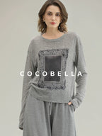 COCOBELLA Thin Creative Print Office Straight Fit Round Neck Gray Long Sleeve Shirts