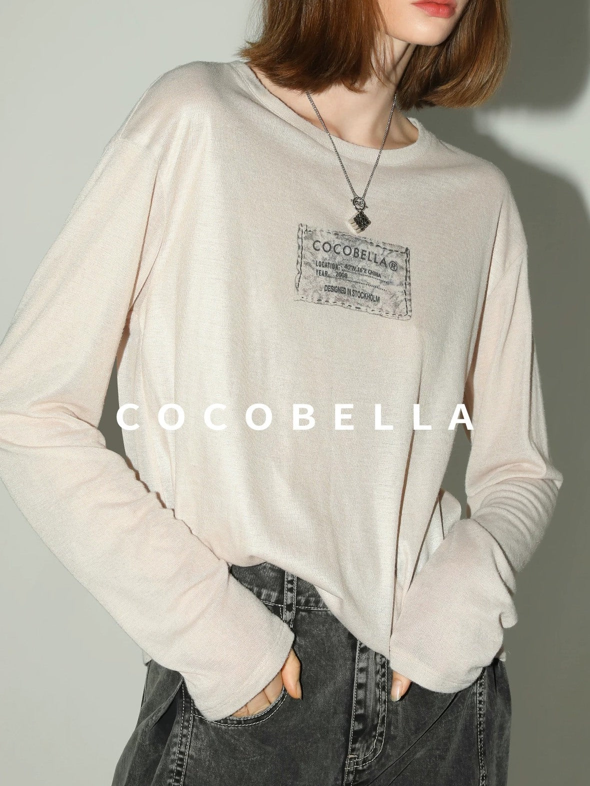 COCOBELLA Thin Printed Letter Long Sleeve Casual Straight Fit Round Neck Ecru Shirts