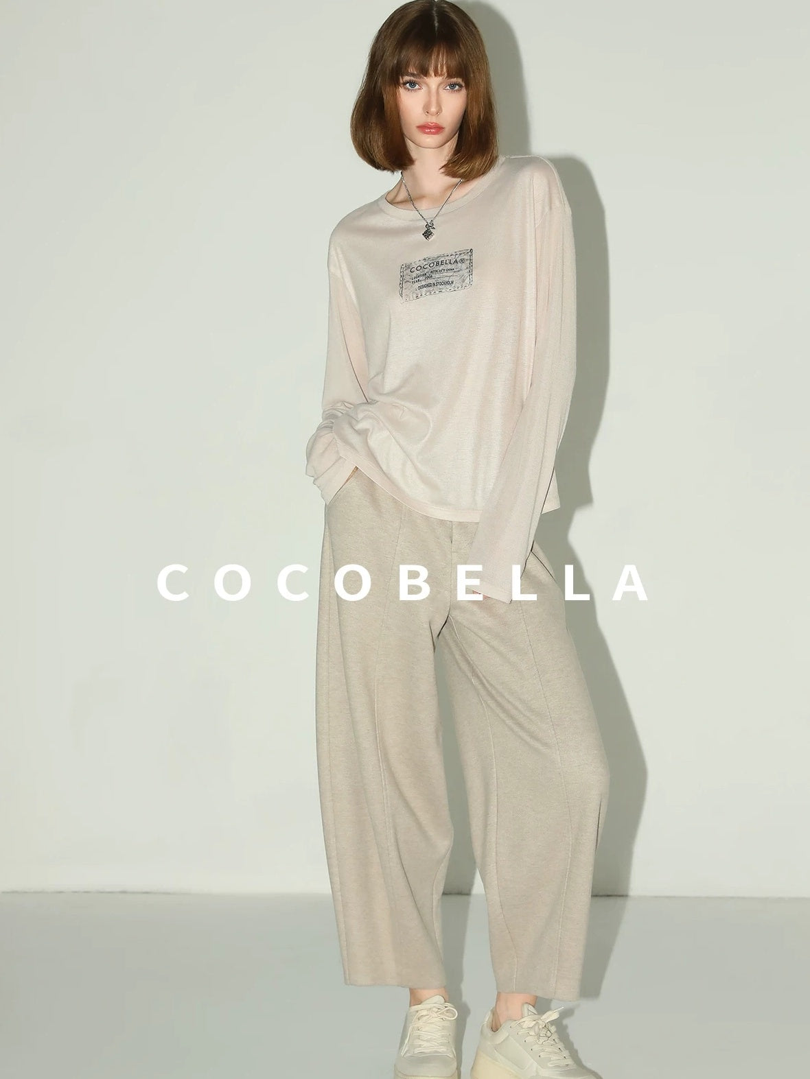 COCOBELLA Thin Printed Letter Long Sleeve Casual Straight Fit Round Neck Ecru Shirts