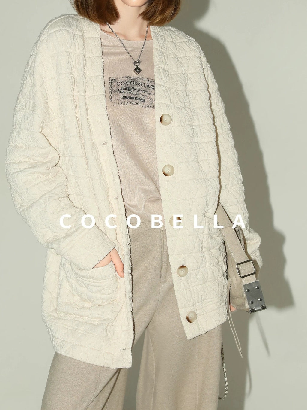 COCOBELLA Thin Printed Letter Long Sleeve Casual Straight Fit Round Neck Ecru Shirts
