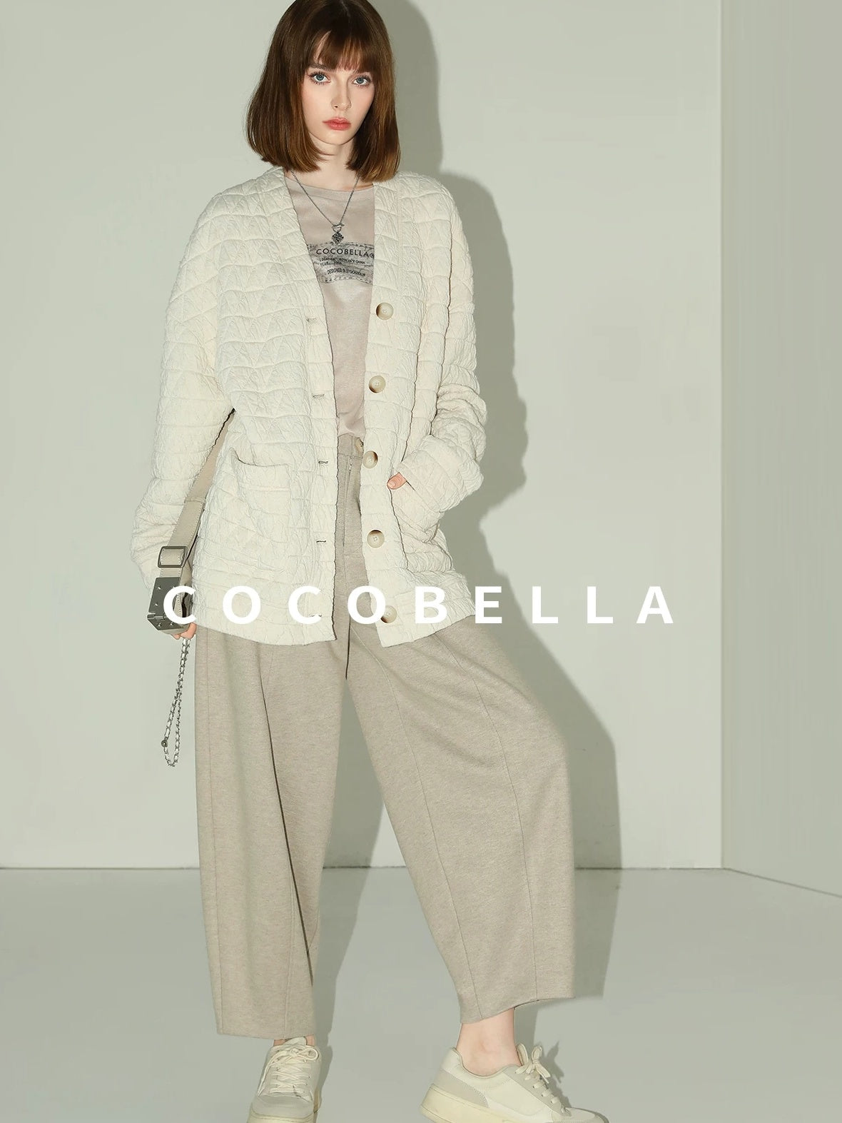 COCOBELLA Thin Printed Letter Long Sleeve Casual Straight Fit Round Neck Ecru Shirts
