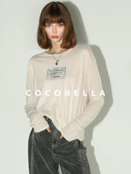 COCOBELLA Thin Printed Letter Long Sleeve Casual Straight Fit Round Neck Ecru Shirts