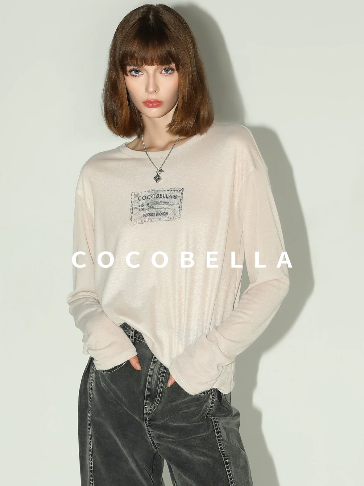 COCOBELLA Thin Printed Letter Long Sleeve Casual Straight Fit Round Neck Ecru Shirts