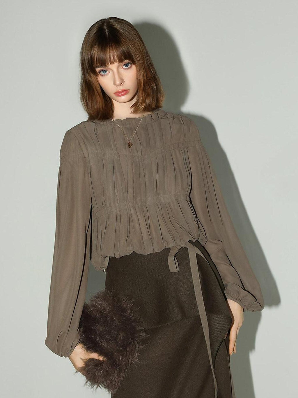 COCOBELLA Tie Detail French Chic Straight Fit Puff Long Sleeve Women Polyester Shirts