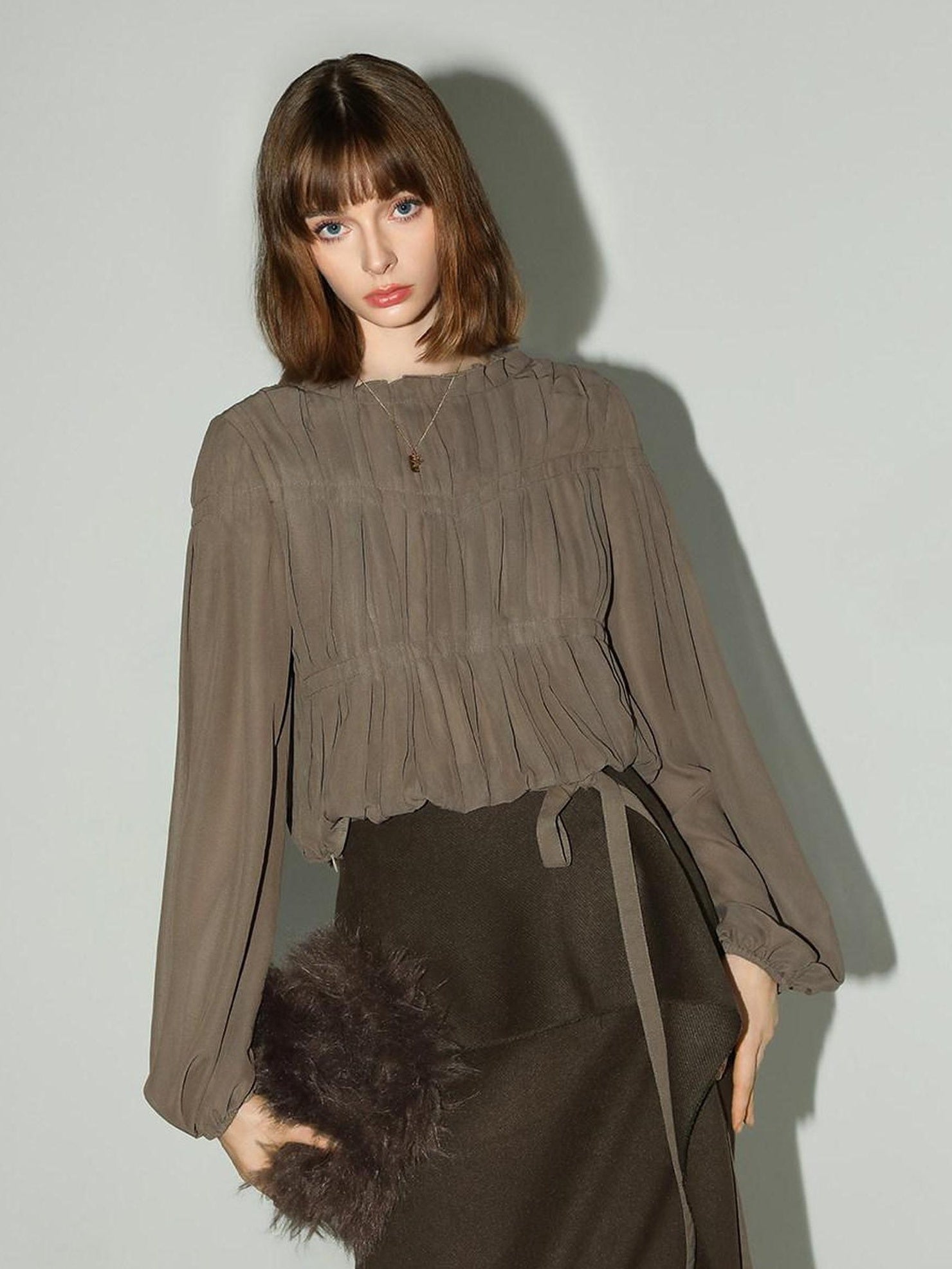 COCOBELLA Tie Detail French Chic Straight Fit Puff Long Sleeve Women Polyester Shirts