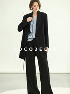 COCOBELLA Tie Waist Pocketed Straight Cut Longline Women Office Black Polyester Blazers
