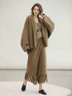 COCOBELLA Two Piece Wool Blend Fringed Midi Set Office Cardigan Women Tobacco Brown Skirts