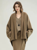 COCOBELLA Two Piece Wool Blend Fringed Midi Set Office Cardigan Women Tobacco Brown Skirts