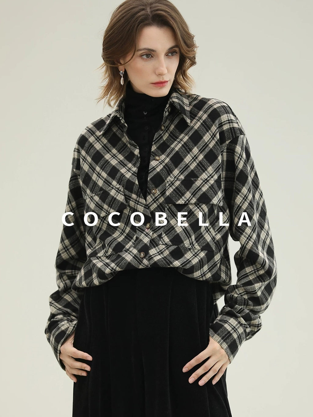 COCOBELLA Ultra Soft Minimalist Slim High Neck Button Long Sleeve Work Women T-Shirts