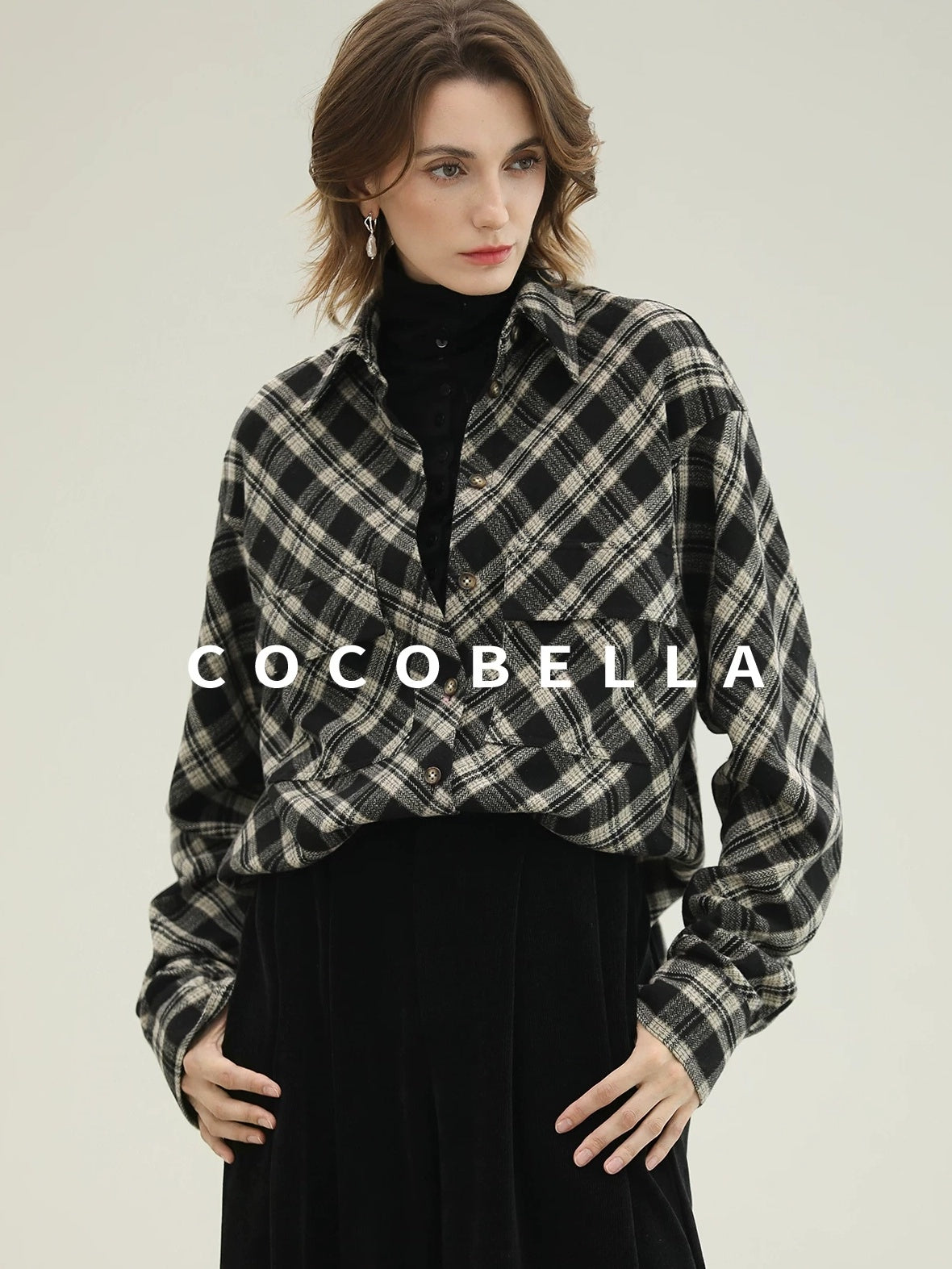 COCOBELLA Ultra Soft Minimalist Slim High Neck Button Long Sleeve Work Women T-Shirts