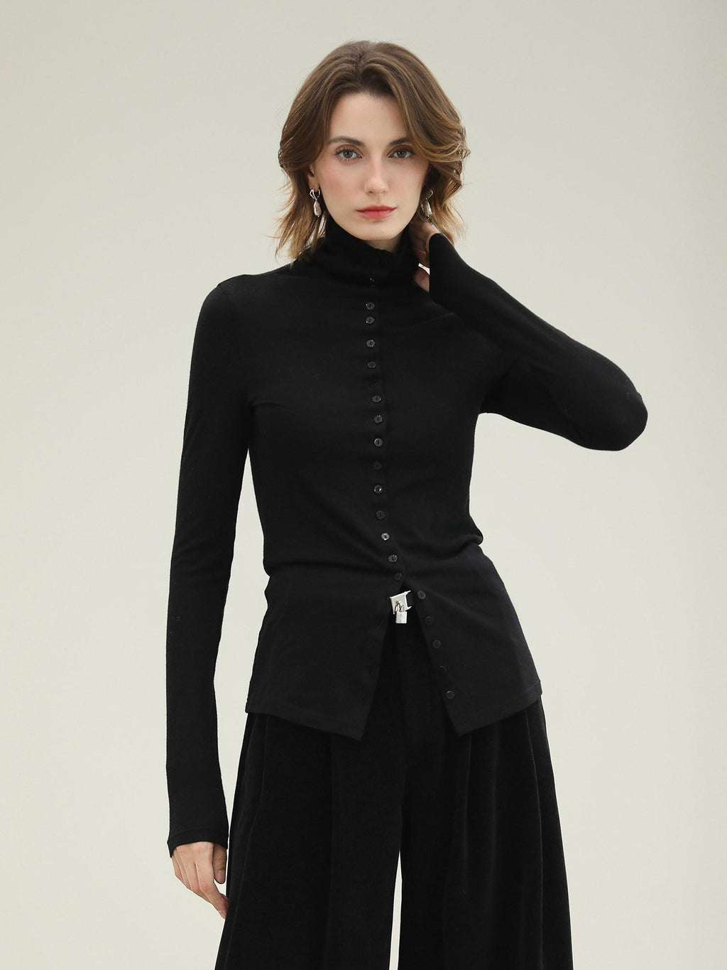 COCOBELLA Ultra Soft Minimalist Slim High Neck Button Long Sleeve Work Women T-Shirts