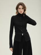 COCOBELLA Ultra Soft Minimalist Slim High Neck Button Long Sleeve Work Women T-Shirts