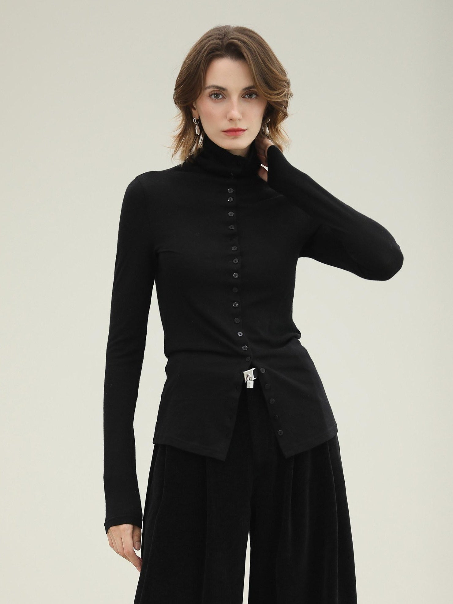 COCOBELLA Ultra Soft Minimalist Slim High Neck Button Long Sleeve Work Women T-Shirts