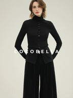 COCOBELLA Ultra Soft Minimalist Slim High Neck Button Long Sleeve Work Women T-Shirts