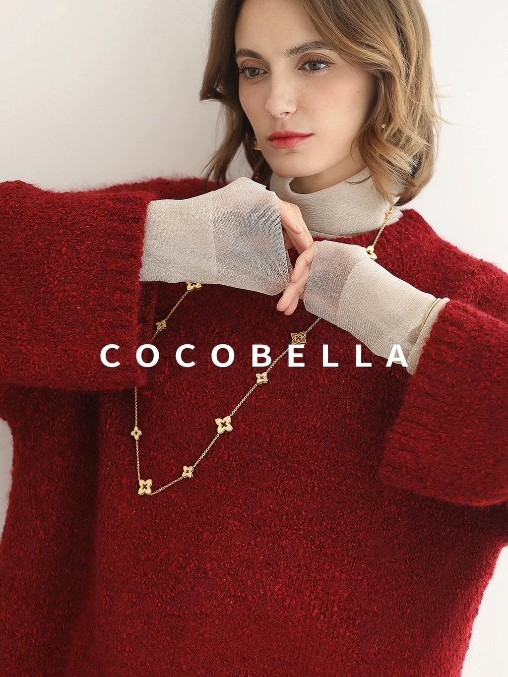 COCOBELLA Ultra Soft Stretch Minimal H Silhouette Long Sleeve Knit Cherry Red Dresses