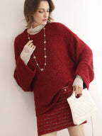 COCOBELLA Ultra Soft Stretch Minimal H Silhouette Long Sleeve Knit Cherry Red Dresses