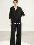 COCOBELLA V Neck Long Sleeve 100% Polyester Straight Fit Office Women Solid Color T-Shirts