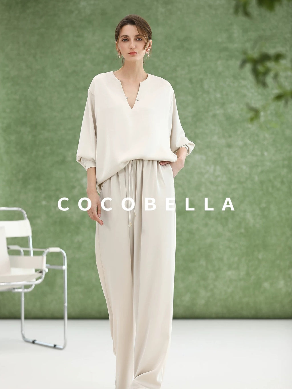 COCOBELLA V Neck Long Sleeve 100% Polyester Straight Fit Office Women Solid Color T-Shirts