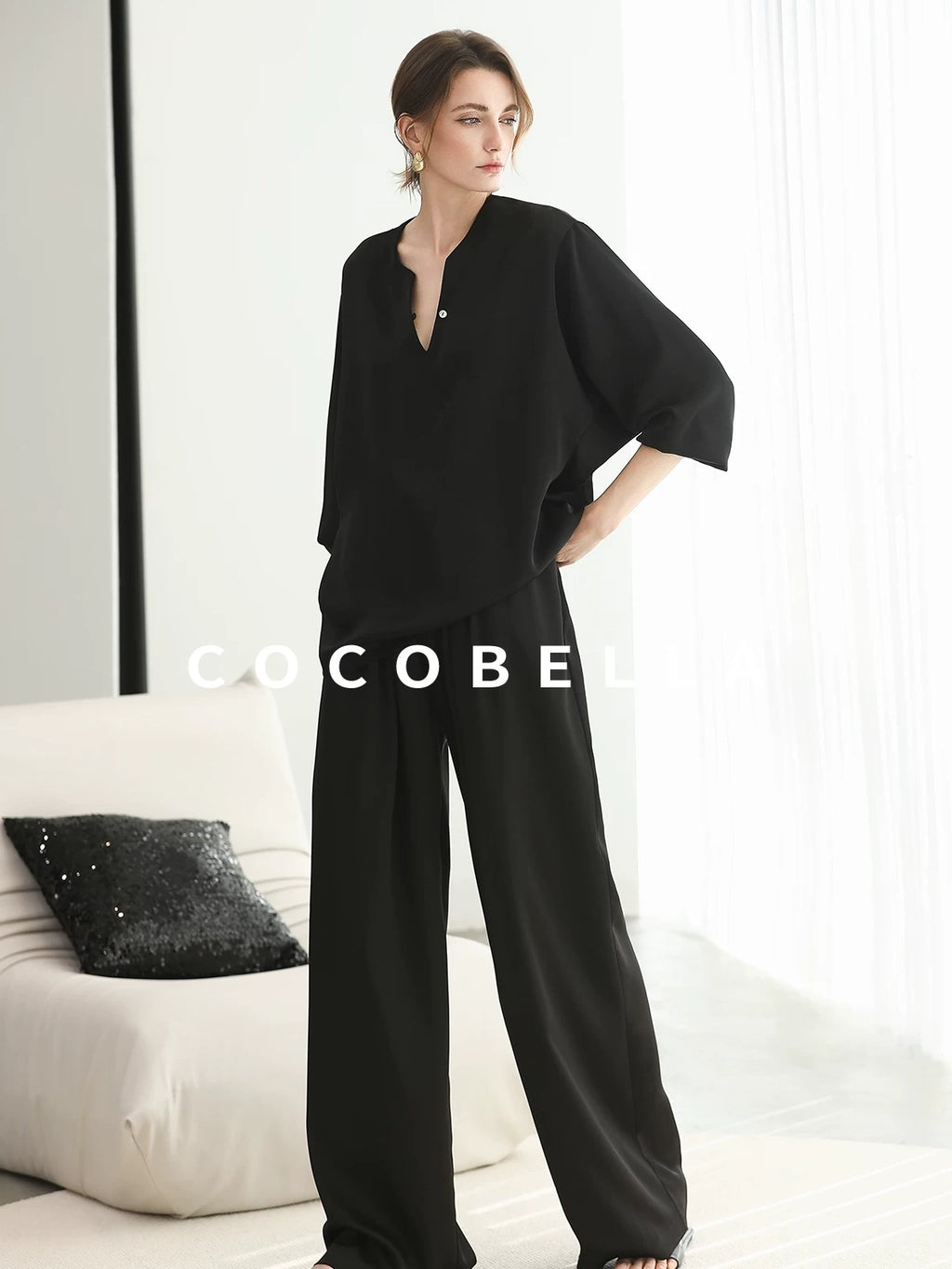 COCOBELLA V Neck Long Sleeve 100% Polyester Straight Fit Office Women Solid Color T-Shirts