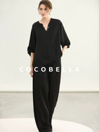 COCOBELLA V Neck Long Sleeve 100% Polyester Straight Fit Office Women Solid Color T-Shirts