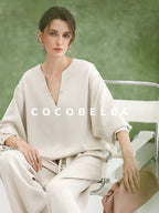 COCOBELLA V Neck Long Sleeve Straight Fit Office Work Polyester Women Solid T-Shirts