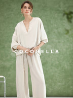 COCOBELLA V Neck Long Sleeve Straight Fit Office Work Polyester Women Solid T-Shirts