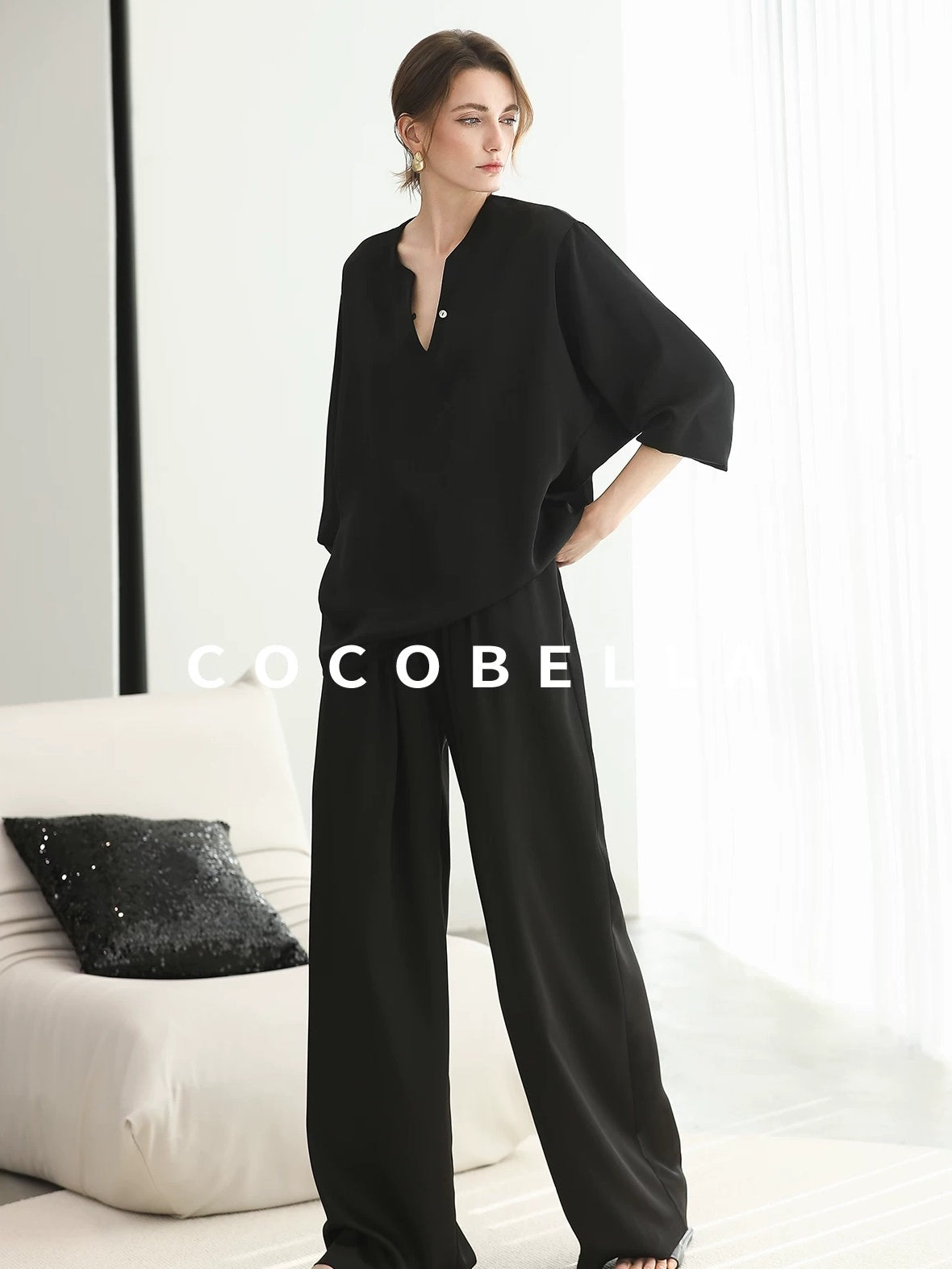COCOBELLA V Neck Long Sleeve Straight Fit Office Work Polyester Women Solid T-Shirts