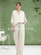 COCOBELLA V Neck Long Sleeve Straight Fit Office Work Polyester Women Solid T-Shirts