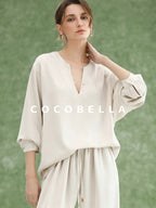 COCOBELLA V Neck Long Sleeve Straight Fit Office Work Polyester Women Solid T-Shirts