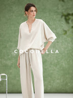 COCOBELLA V Neck Long Sleeve Straight Fit Office Work Polyester Women Solid T-Shirts