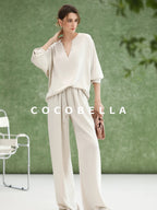 COCOBELLA V Neck Long Sleeve Straight Fit Office Work Polyester Women Solid T-Shirts