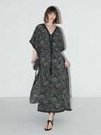COCOBELLA V Neck Tassel Lace Print Vacation A Line Loose Prussian Blue Work Dresses