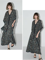 COCOBELLA V Neck Tassel Lace Print Vacation A Line Loose Prussian Blue Work Dresses
