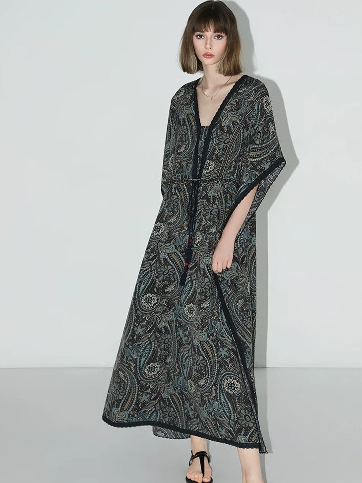 COCOBELLA V Neck Tassel Lace Print Vacation A Line Loose Prussian Blue Work Dresses