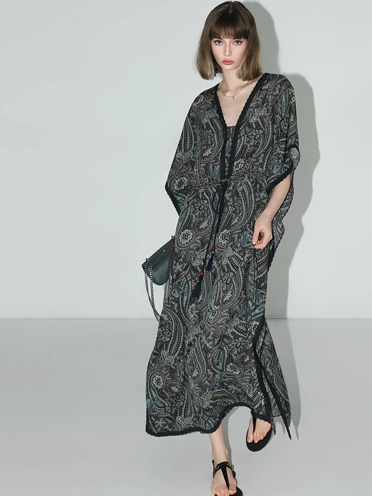 COCOBELLA V Neck Tassel Lace Print Vacation A Line Loose Prussian Blue Work Dresses