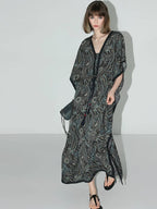 COCOBELLA V Neck Tassel Lace Print Vacation A Line Loose Prussian Blue Work Dresses