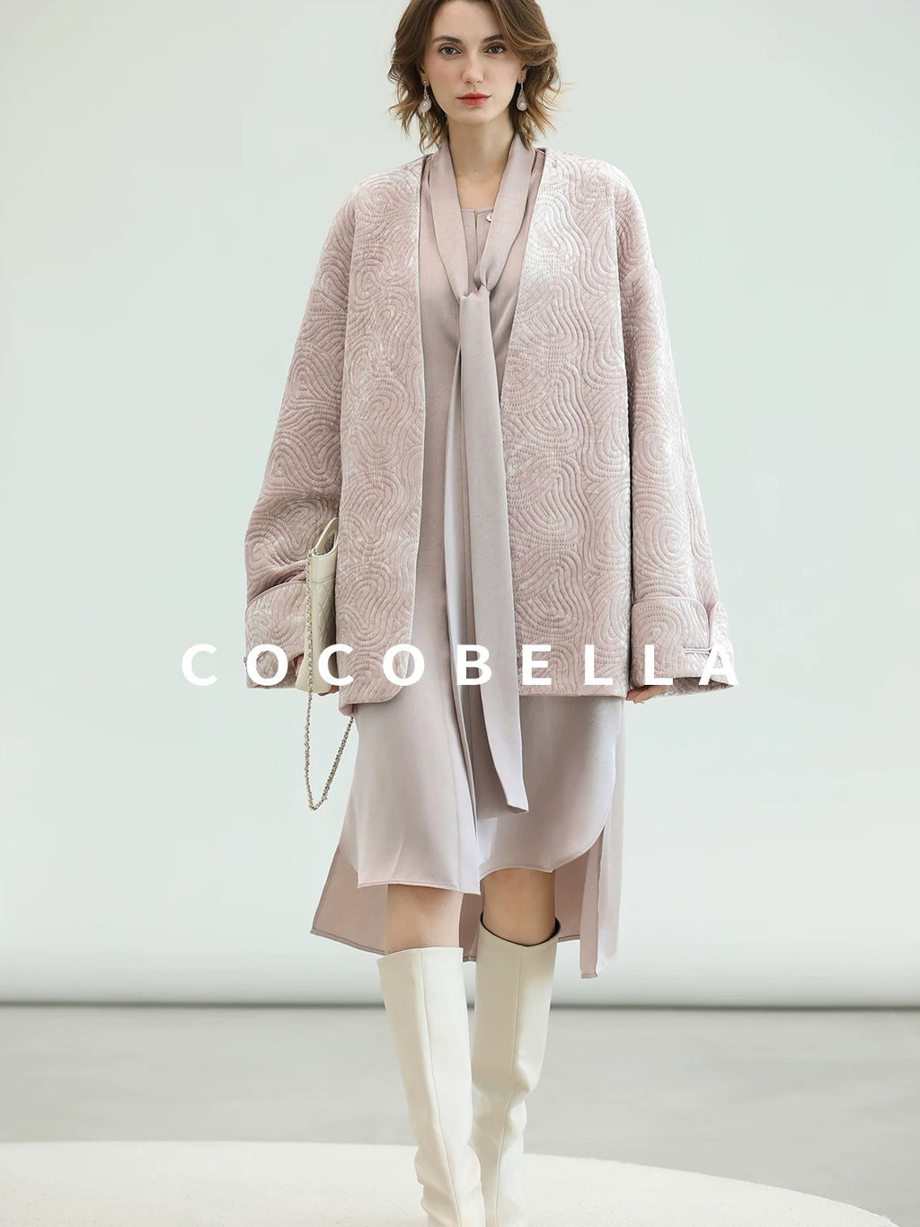 COCOBELLA Velvet Pink Insulated Loose Fit Mid Length Office Padded Jackets