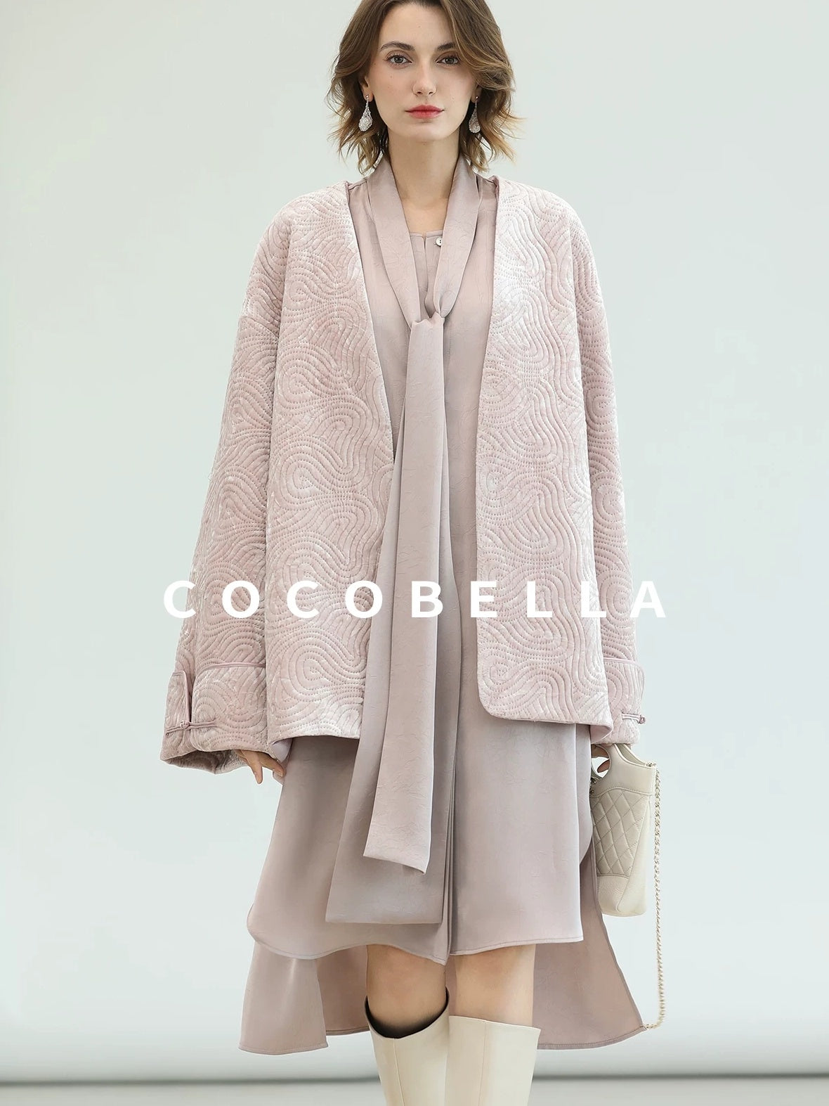 COCOBELLA Velvet Pink Insulated Loose Fit Mid Length Office Padded Jackets